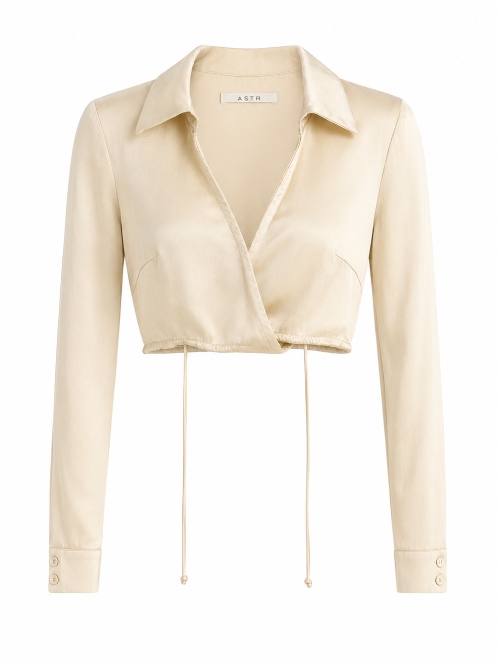 ASTR the Label Cream Satin Long Sleeve Tie-Front Cropped Top - Size XS